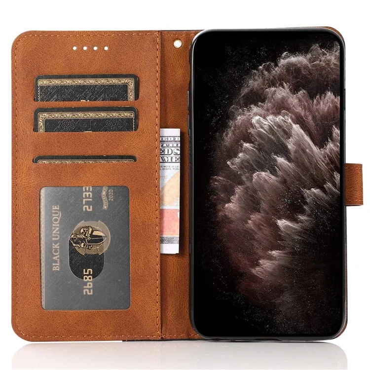 Funda de teléfono de cuero con correa para la muñeca, con función de soporte y diseño de color degradado para Samsung Galaxy S25+ - Negro Marrón