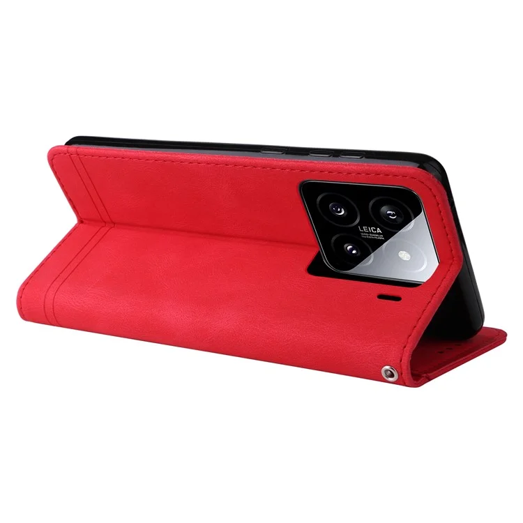 For Xiaomi 15 Leather Wallet Cases Skin Touch Phone Cover Stand with Strap - Red