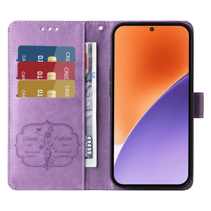For Xiaomi 15 Leather Case Butterfly Floral Imprint Wallet Stand Cover - Purple