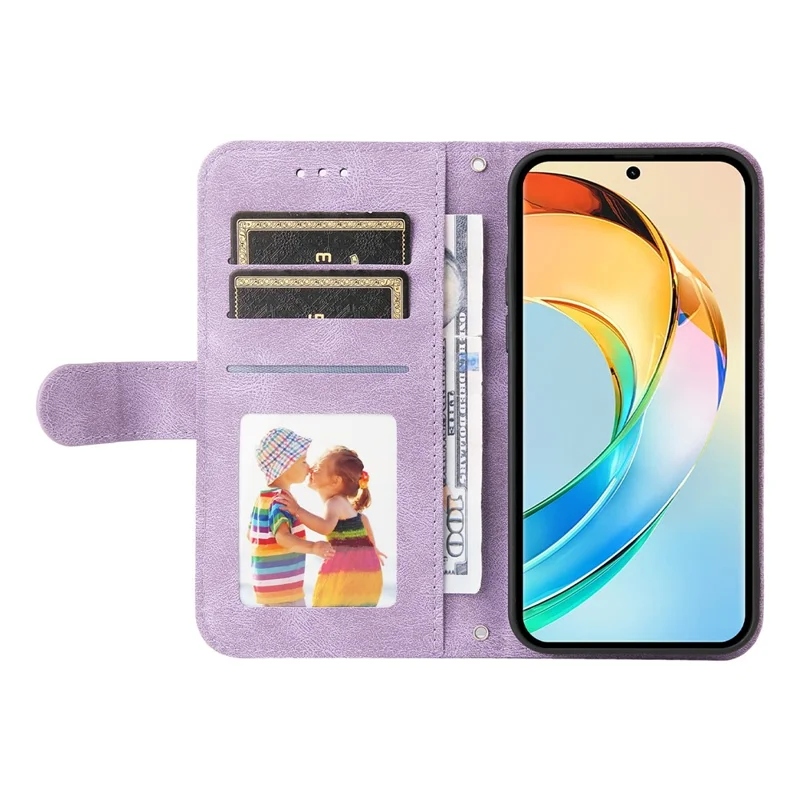 For Honor X60 5G Leather Wallet Cases Skin Touch Phone Cover Stand with Strap - Purple