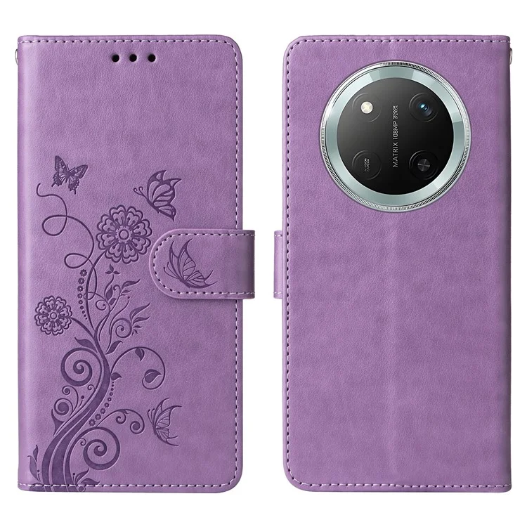 Leather Phone Case for Honor Magic7 Lite 5G / X9c 5G / X60 Pro 5G Butterfly Floral Imprint Wallet Stand Cover - Purple