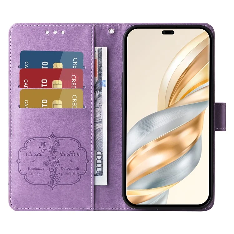 Leather Phone Case for Honor Magic7 Lite 5G / X9c 5G / X60 Pro 5G Butterfly Floral Imprint Wallet Stand Cover - Purple