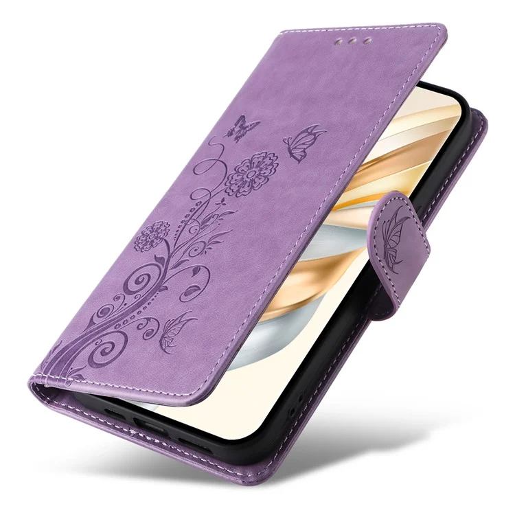 Leather Phone Case for Honor Magic7 Lite 5G / X9c 5G / X60 Pro 5G Butterfly Floral Imprint Wallet Stand Cover - Purple