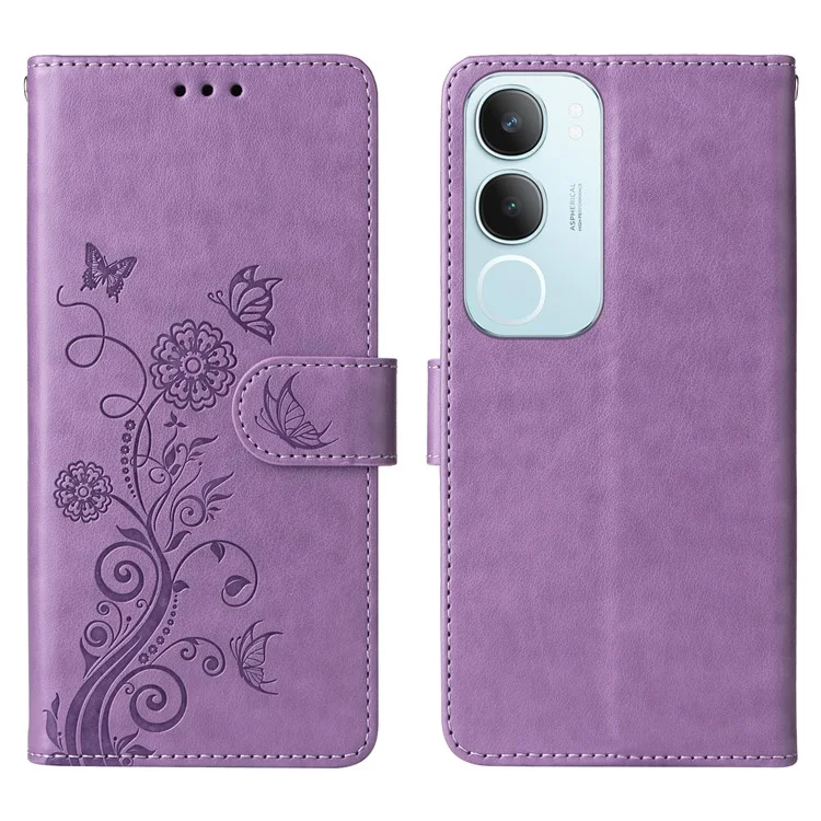 Für vivo Y19s 4G Lederhülle mit Schmetterling-Blumen-Prägung, Geldbörse, Ständer - Lila