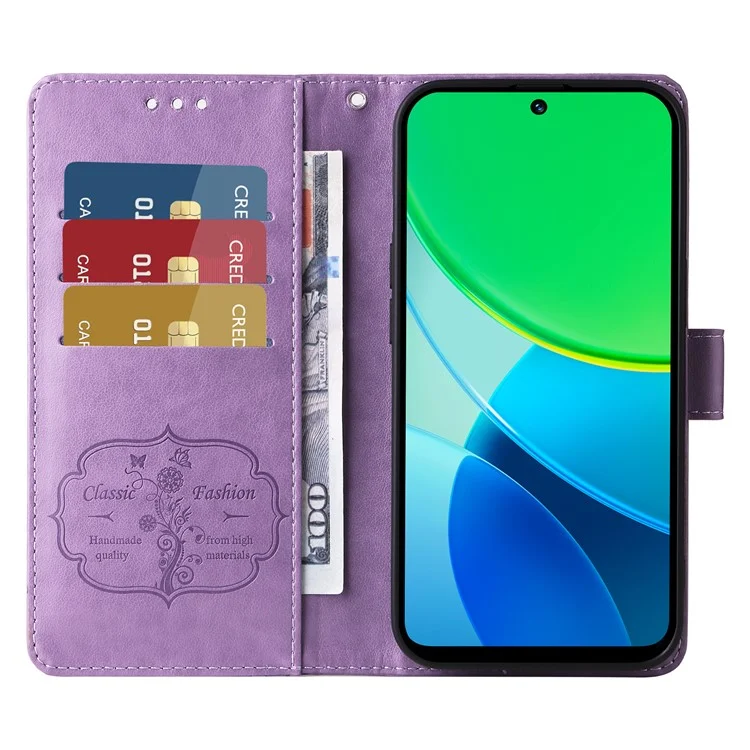 Für vivo Y19s 4G Lederhülle mit Schmetterling-Blumen-Prägung, Geldbörse, Ständer - Lila
