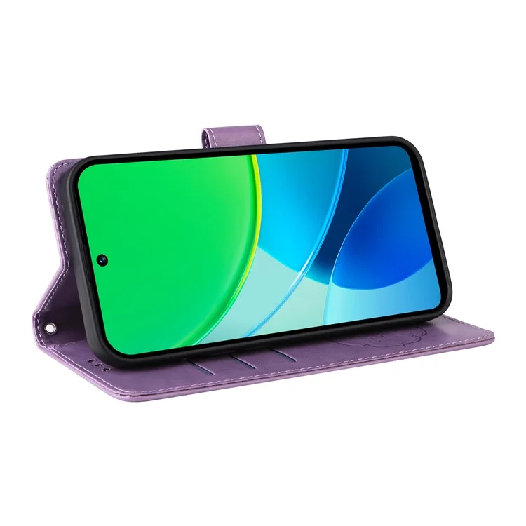 Für vivo Y19s 4G Lederhülle mit Schmetterling-Blumen-Prägung, Geldbörse, Ständer - Lila
