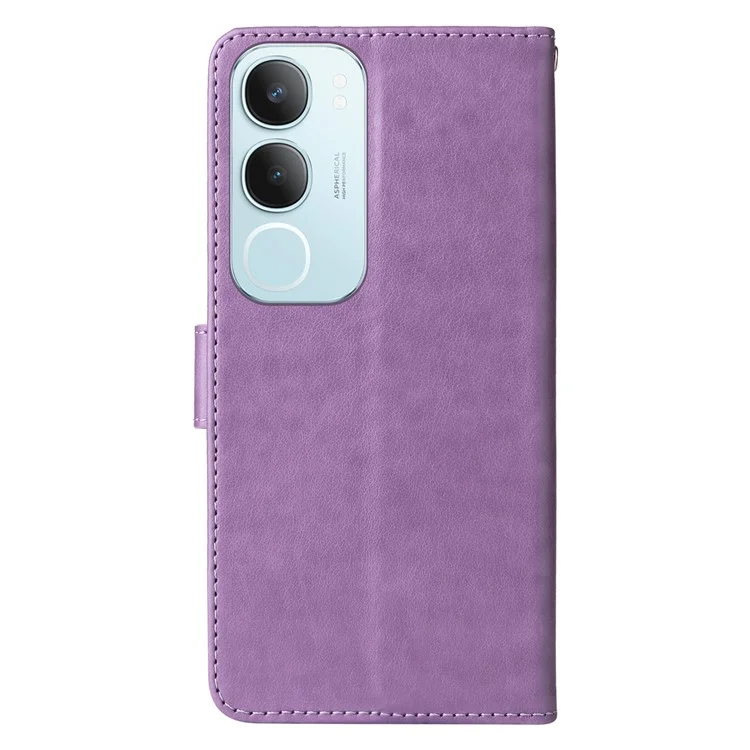 Für vivo Y19s 4G Lederhülle mit Schmetterling-Blumen-Prägung, Geldbörse, Ständer - Lila