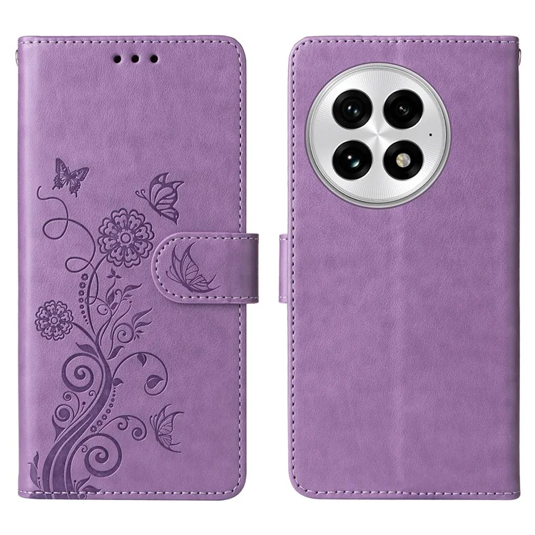 Capa de couro para OnePlus 13 com estampa de borboleta e floral, função de suporte - Roxo