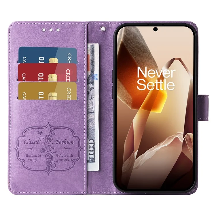 Capa de couro para OnePlus 13 com estampa de borboleta e floral, função de suporte - Roxo