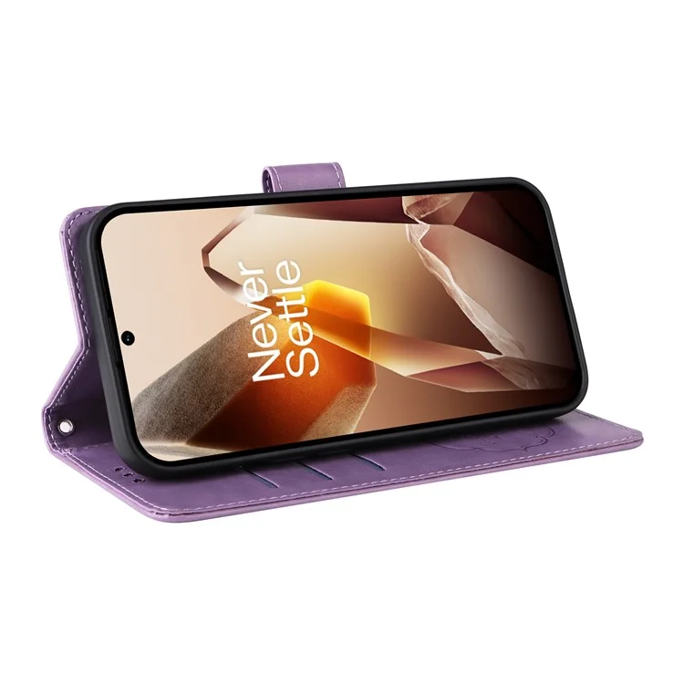 Capa de couro para OnePlus 13 com estampa de borboleta e floral, função de suporte - Roxo