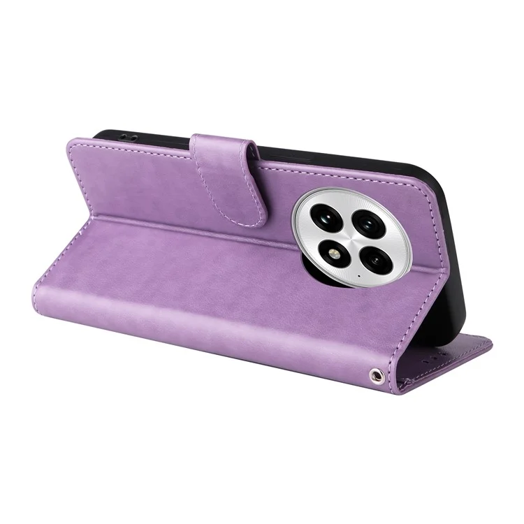 Capa de couro para OnePlus 13 com estampa de borboleta e floral, função de suporte - Roxo