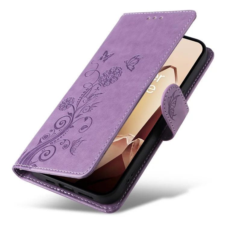 Capa de couro para OnePlus 13 com estampa de borboleta e floral, função de suporte - Roxo
