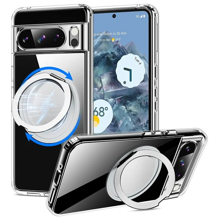 Für Google Pixel 8 Pro magnetisches Gehäuse mit drehbarem Ständer, TPU-PC-Klar-Telefonrückseite