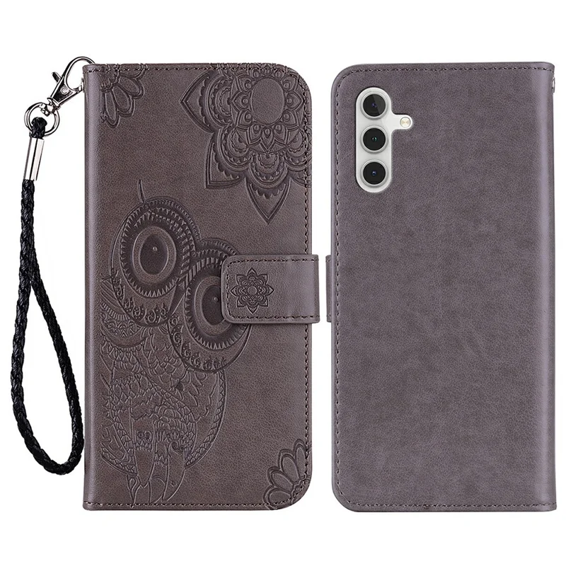 Für Samsung Galaxy A36 5G Hülle Eule Blume eingeprägt Ledercover Geldbörse mit Riemen - Grau