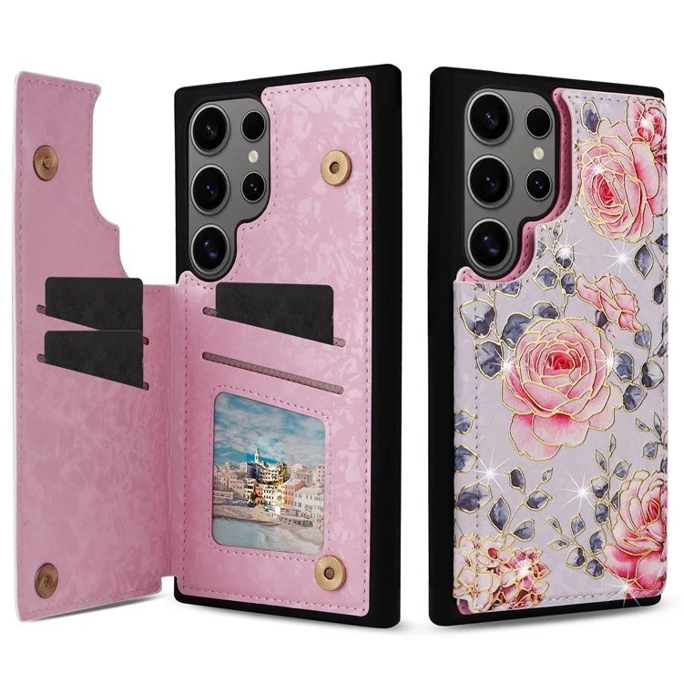 Étui pour Samsung Galaxy S25 Ultra en cuir floral TPU avec blocage RFID, avec fentes pour cartes - Rose
