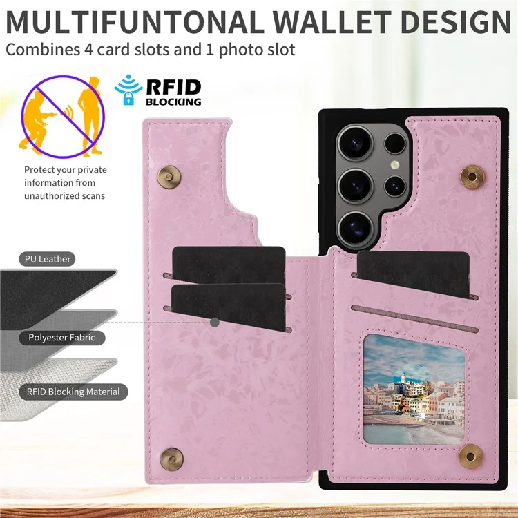 Étui pour Samsung Galaxy S25 Ultra en cuir floral TPU avec blocage RFID, avec fentes pour cartes - Rose