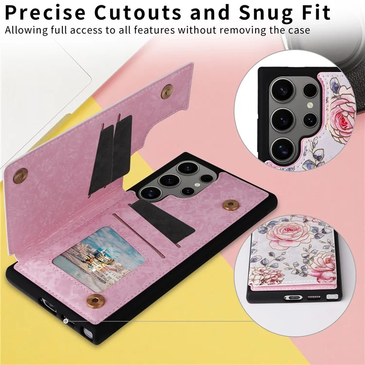 Étui pour Samsung Galaxy S25 Ultra en cuir floral TPU avec blocage RFID, avec fentes pour cartes - Rose