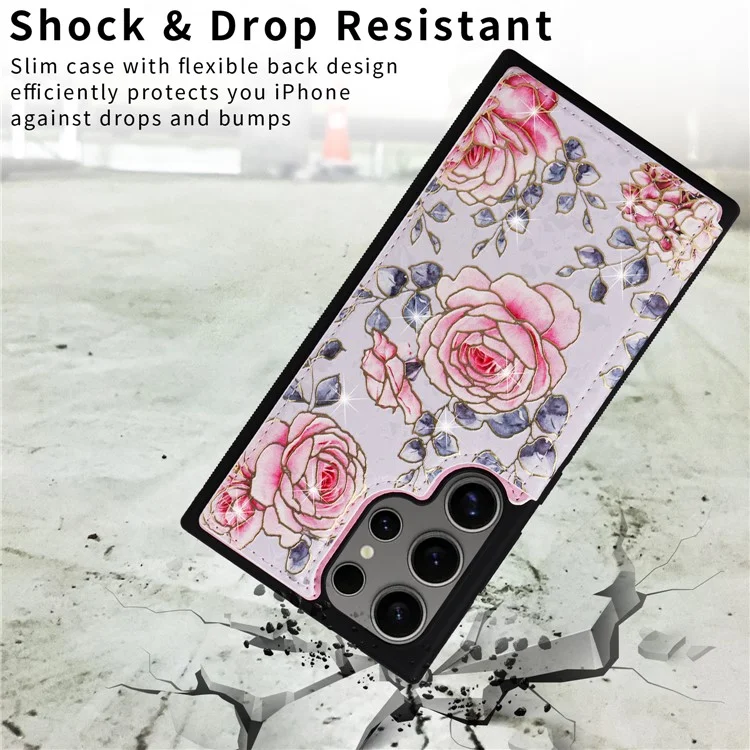 Étui pour Samsung Galaxy S25 Ultra en cuir floral TPU avec blocage RFID, avec fentes pour cartes - Rose