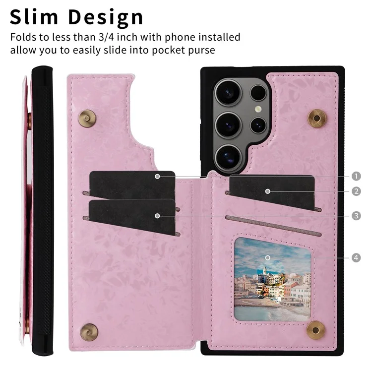 Étui pour Samsung Galaxy S25 Ultra en cuir floral TPU avec blocage RFID, avec fentes pour cartes - Rose