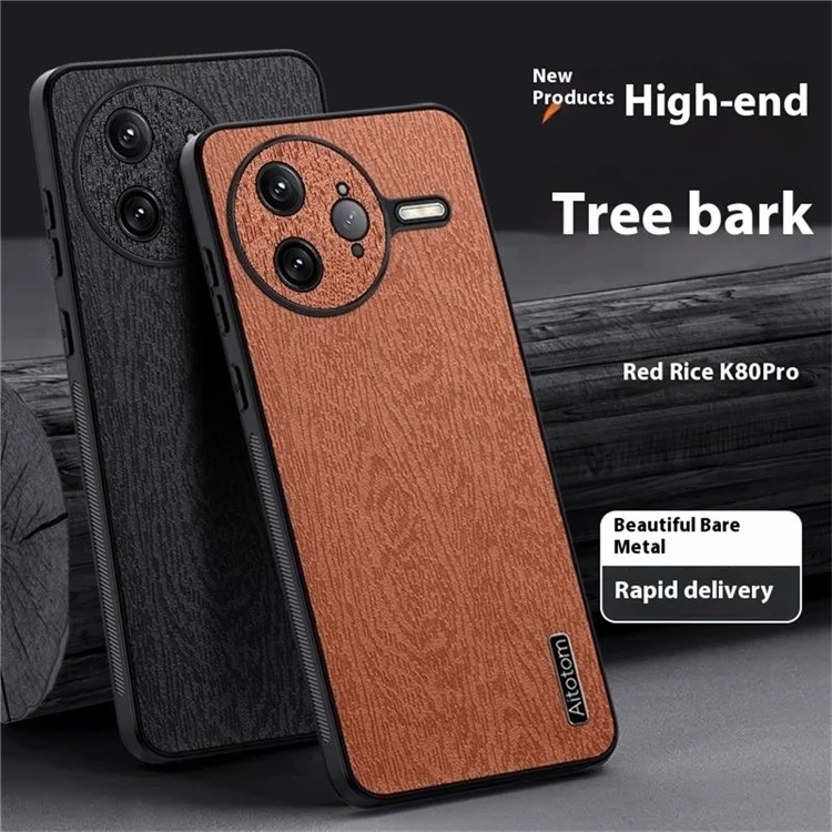 Capa para Xiaomi Redmi K80 Pro 5G com textura de madeira, revestimento de couro PU e PC TPU - Preta