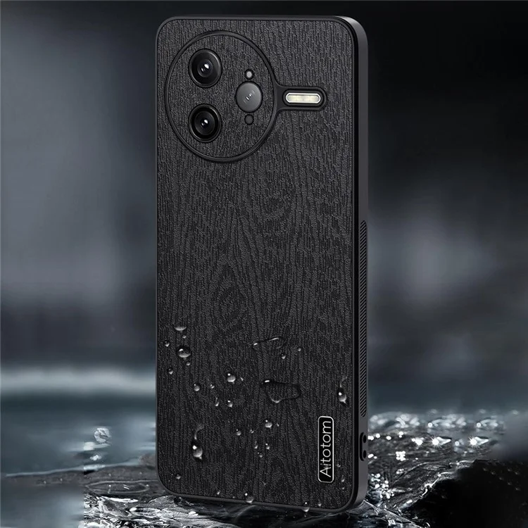 Capa para Xiaomi Redmi K80 Pro 5G com textura de madeira, revestimento de couro PU e PC TPU - Preta
