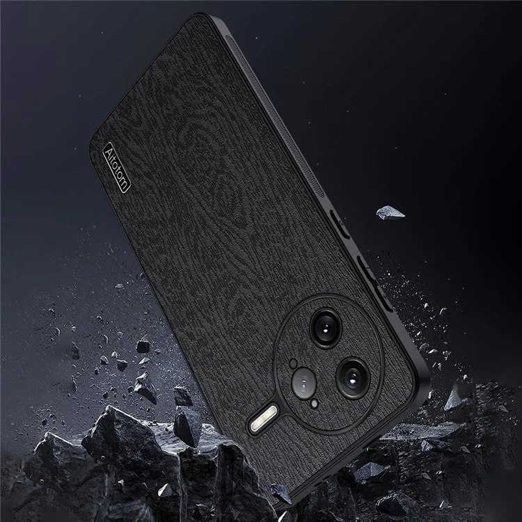 Capa para Xiaomi Redmi K80 Pro 5G com textura de madeira, revestimento de couro PU e PC TPU - Preta