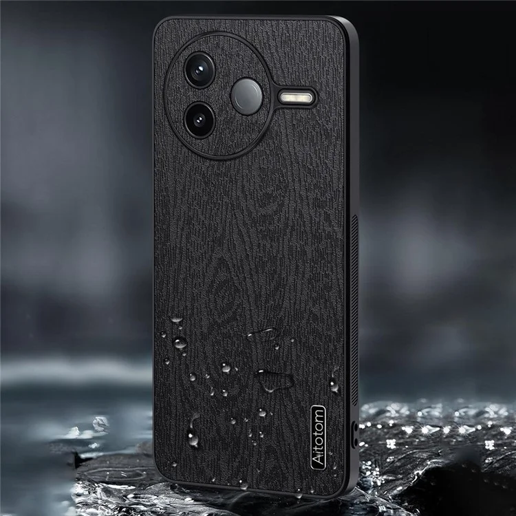 Custodia per Xiaomi Redmi K80 5G in texture legno, rivestita in pelle PU e PC TPU - Nero