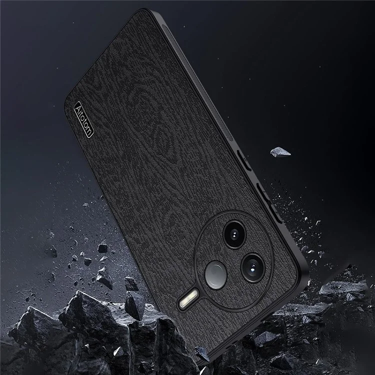 Custodia per Xiaomi Redmi K80 5G in texture legno, rivestita in pelle PU e PC TPU - Nero