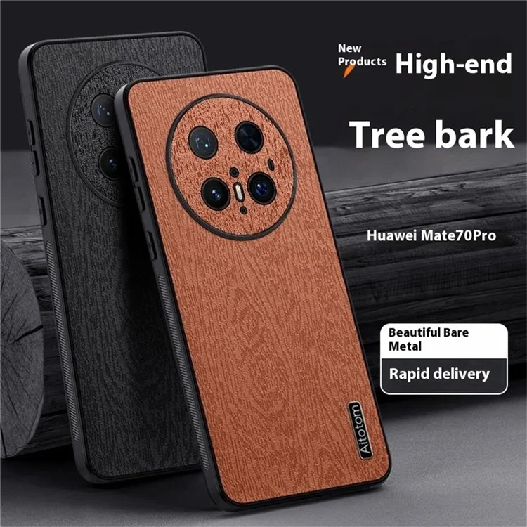 Für Huawei Mate 70 Pro+ / Mate 70 Pro Hülle Holztextur PU-Leder beschichtete PC TPU Handyhülle - Schwarz