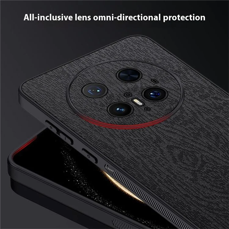 Für Huawei Mate 70 Pro+ / Mate 70 Pro Hülle Holztextur PU-Leder beschichtete PC TPU Handyhülle - Schwarz