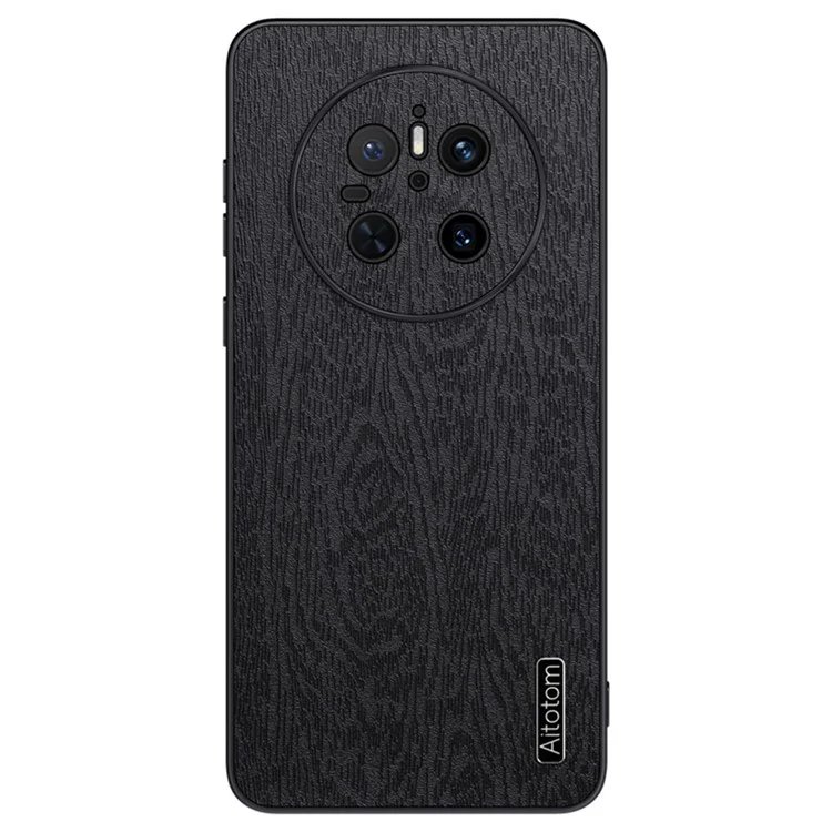 Capa para Huawei Mate 70 com textura de madeira, revestida em couro sintético PU e PC+TPU - Preta