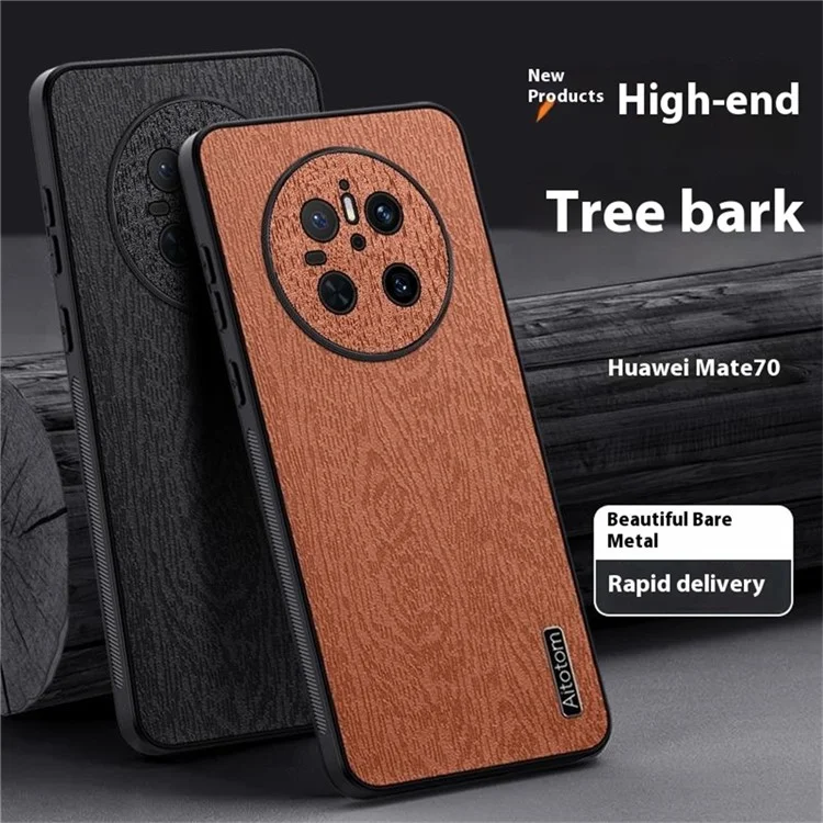 Capa para Huawei Mate 70 com textura de madeira, revestida em couro sintético PU e PC+TPU - Preta