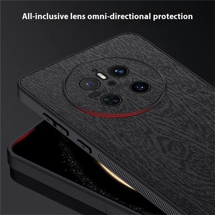 Capa para Huawei Mate 70 com textura de madeira, revestida em couro sintético PU e PC+TPU - Preta