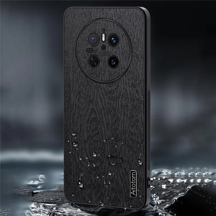 Capa para Huawei Mate 70 com textura de madeira, revestida em couro sintético PU e PC+TPU - Preta