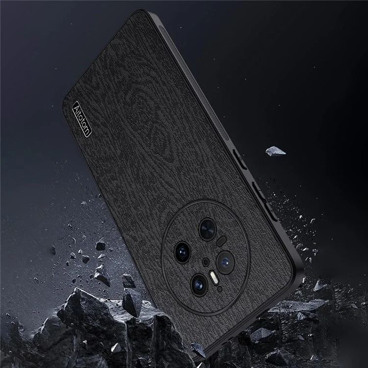 Capa para Huawei Mate 70 com textura de madeira, revestida em couro sintético PU e PC+TPU - Preta