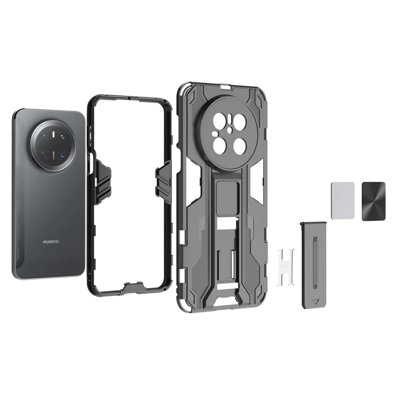 For Huawei Mate 70 Case PC + TPU Shockproof Phone Cover with Kickstand - Black - Silver