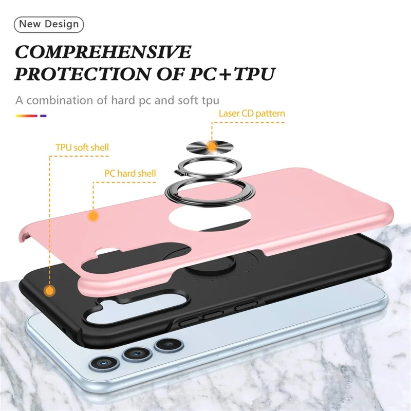 For Samsung Galaxy A26 5G Case PC + TPU Phone Cover with Rotatable Ring Holder - Rose Gold
