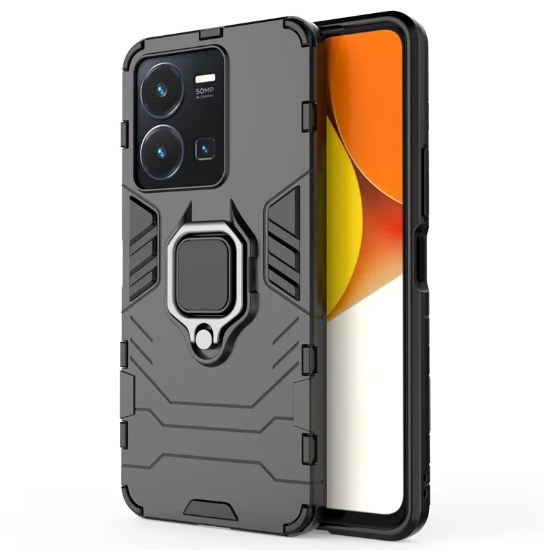 For vivo Y35 4G (2022) Phone Case Ring Holder Kickstand Hybrid Hard PC Soft TPU Shockproof Protective Cover - Black