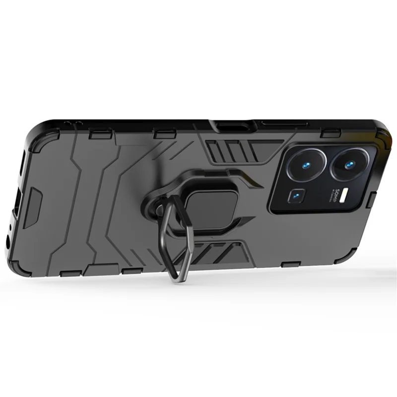 For vivo Y35 4G (2022) Phone Case Ring Holder Kickstand Hybrid Hard PC Soft TPU Shockproof Protective Cover - Black