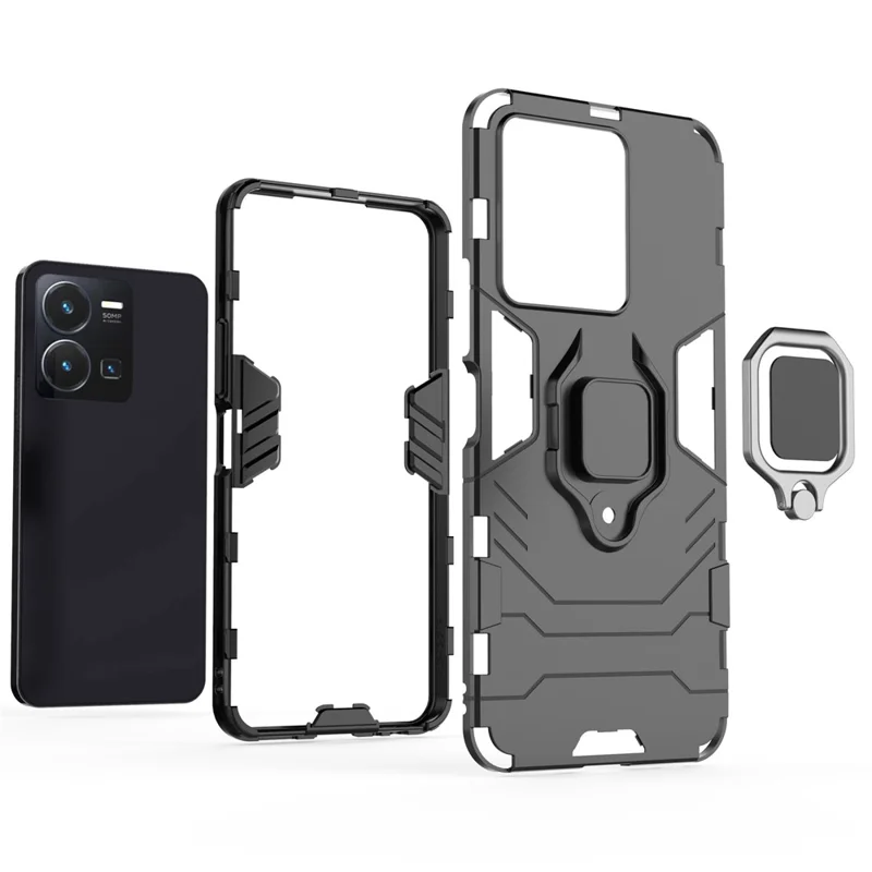 For vivo Y35 4G (2022) Phone Case Ring Holder Kickstand Hybrid Hard PC Soft TPU Shockproof Protective Cover - Black