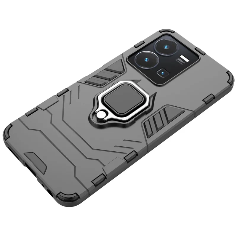 For vivo Y35 4G (2022) Phone Case Ring Holder Kickstand Hybrid Hard PC Soft TPU Shockproof Protective Cover - Black