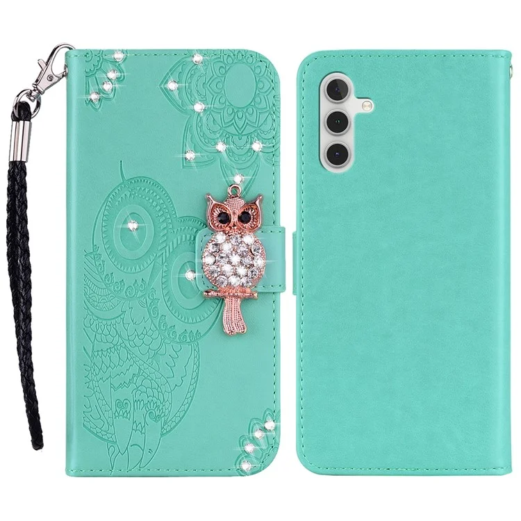 For Samsung Galaxy S25 Wallet Case Owl Flower Imprinted Rhinestone Leather Cover - Cyan