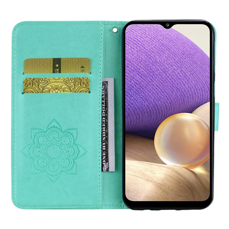 For Samsung Galaxy S25 Wallet Case Owl Flower Imprinted Rhinestone Leather Cover - Cyan