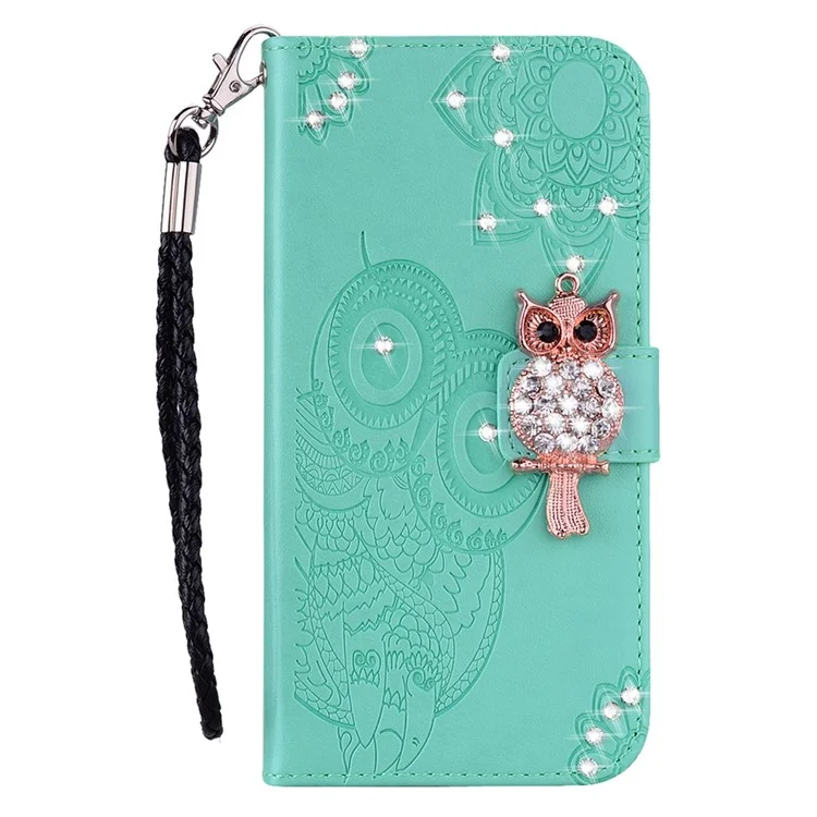 For Samsung Galaxy S25 Wallet Case Owl Flower Imprinted Rhinestone Leather Cover - Cyan