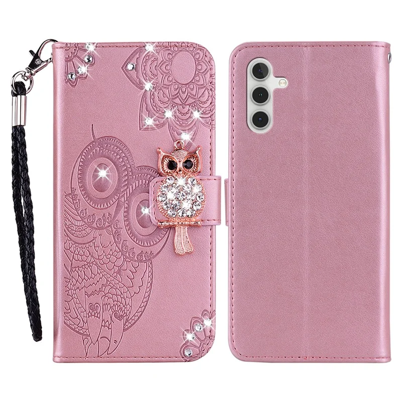 Custodia a portafoglio per Samsung Galaxy A36 5G, con fiore a forma di gufo e strass, in pelle - Oro rosa