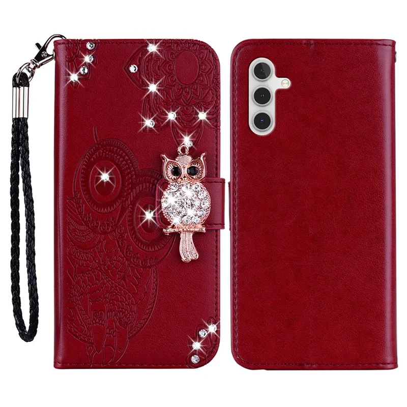 For Samsung Galaxy A56 5G Wallet Case Owl Flower Imprinted Rhinestone Leather Cover - Red