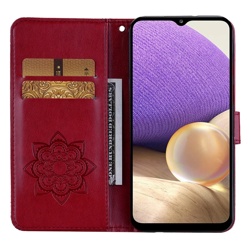 For Samsung Galaxy A56 5G Wallet Case Owl Flower Imprinted Rhinestone Leather Cover - Red