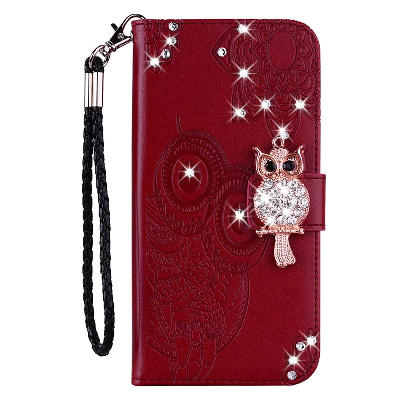 For Samsung Galaxy A56 5G Wallet Case Owl Flower Imprinted Rhinestone Leather Cover - Red