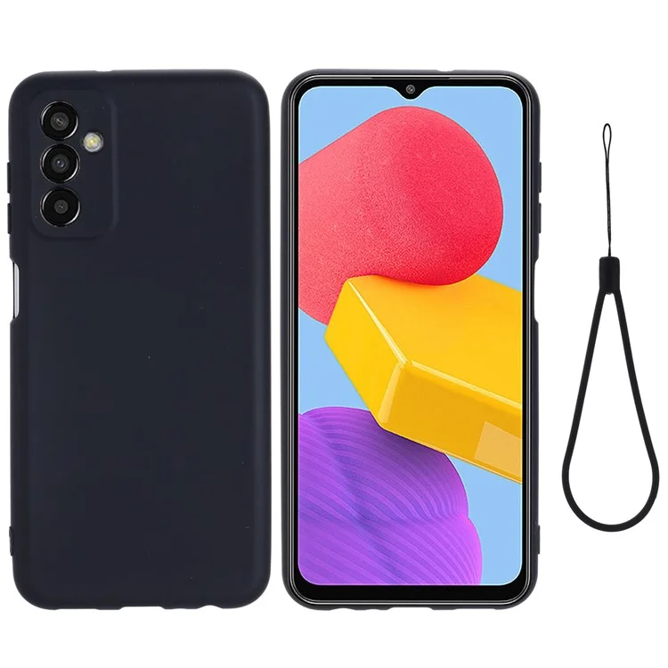 Pour Samsung Galaxy M13 4G Étui de téléphone portable en silicone liquide Anti-rayures Coque de téléphone portable avec sangle - Noir