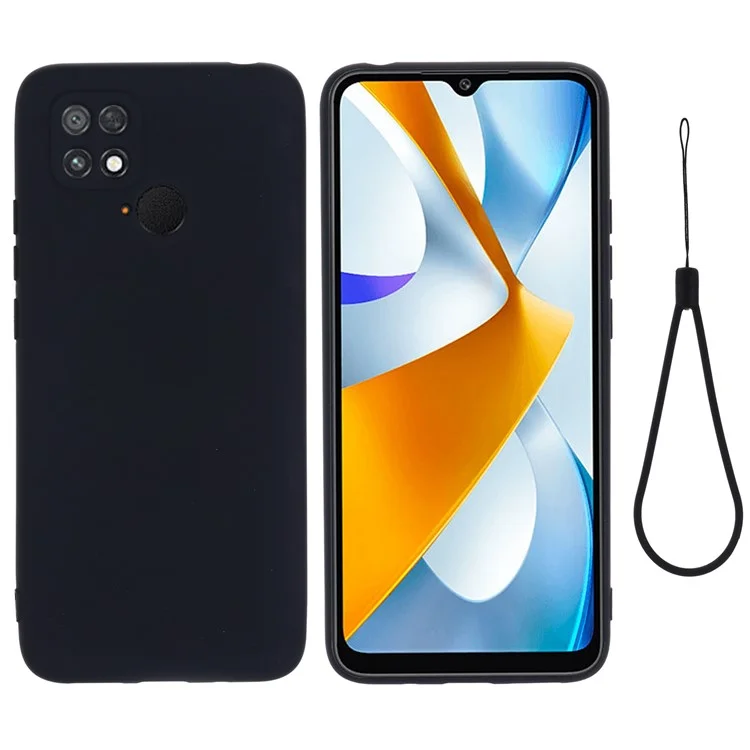 Étui en silicone liquide pour Xiaomi Poco C40 4G, housse de téléphone anti-décoloration avec doublure en fibre douce et dragonne - Noir